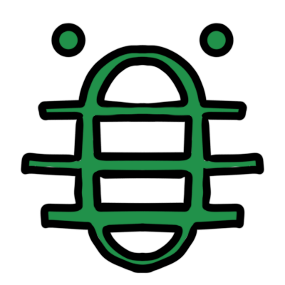 the sitelen pona glyph for the toki pona word 'akesi,' which looks like an oval with three horizonal lines through it and two dots above it, colored in green.